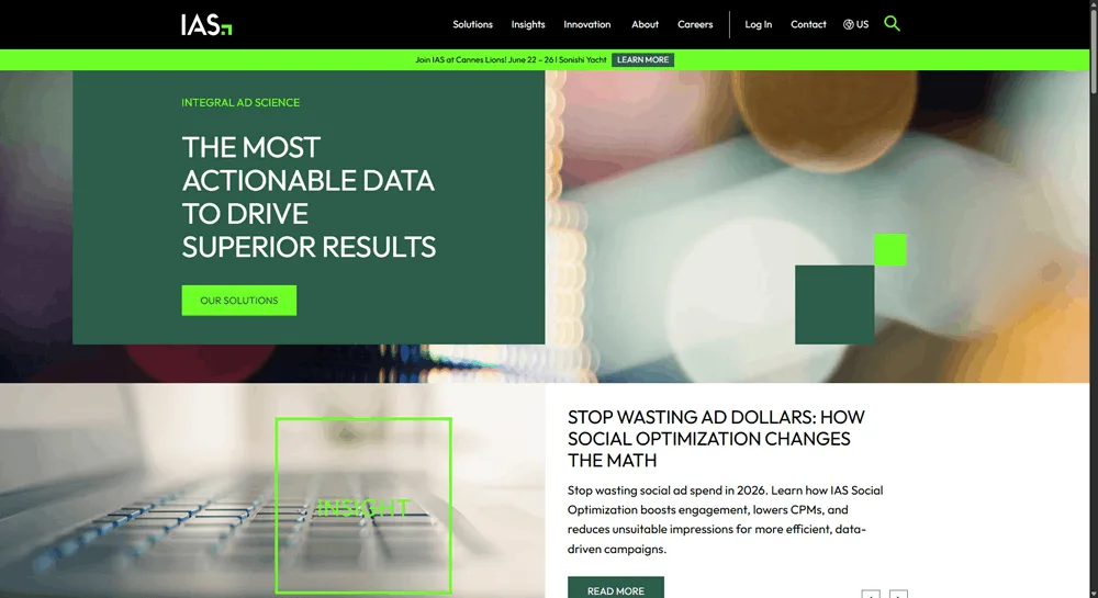 Integral Ad Science homepage promoting its ad verification and social optimization data solutions for 2026.