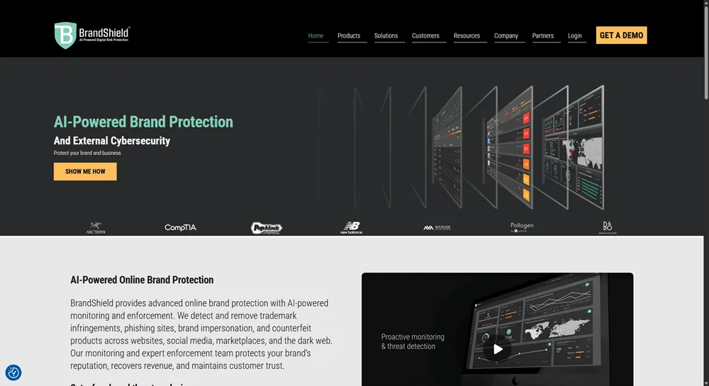 BrandShield homepage promoting its AI-powered brand protection and external cybersecurity monitoring tools.