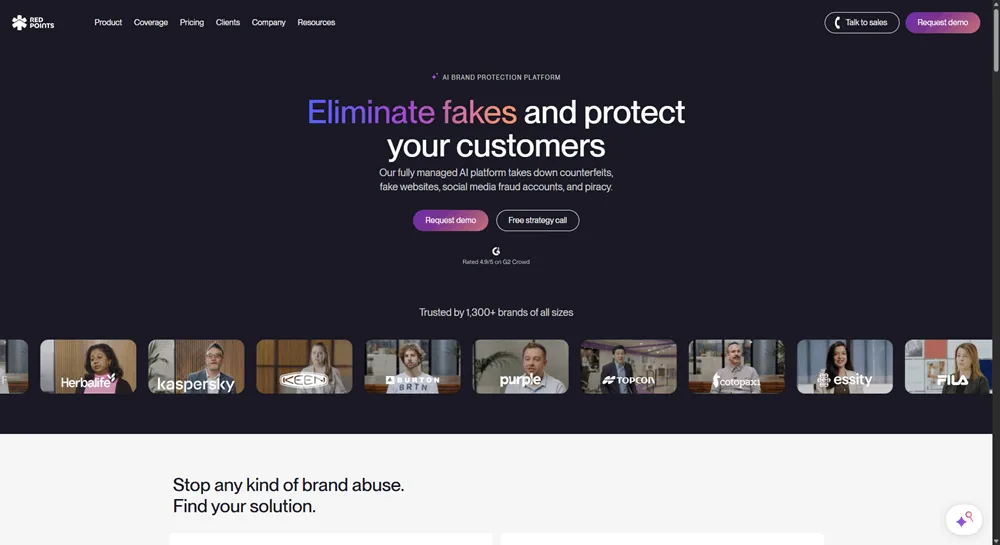 Red Points homepage promoting its AI brand protection platform for eliminating counterfeits and fake accounts. 