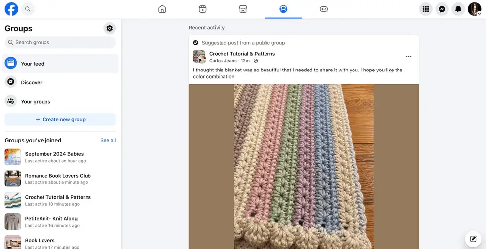 A screenshot of the Groups tab on Facebook.