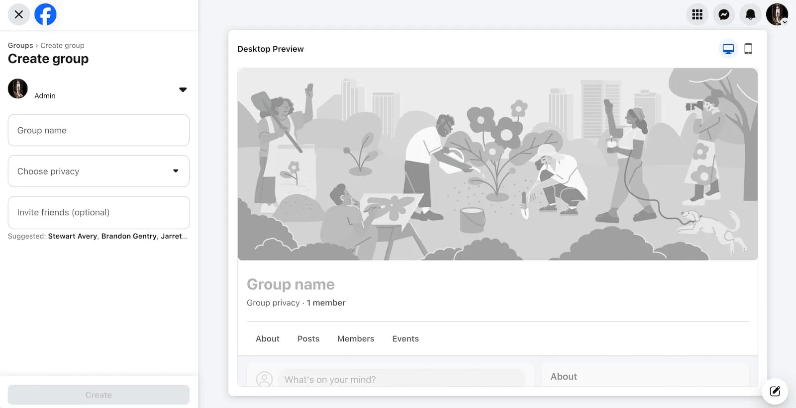 The Facebook group creation interface.