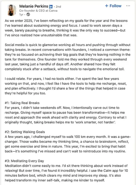 A screenshot of a founder-led marketing post from Canva CEO Melissa Perkins.