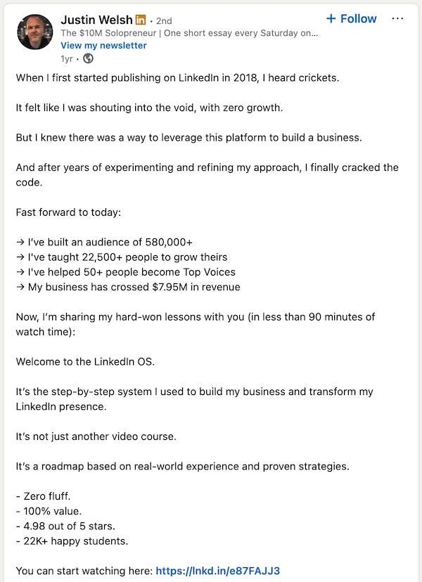 A founder-led marketing post from solopreneur Justin Welsh.