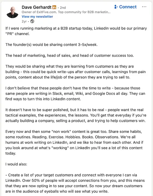 A founder-led marketing post from Exit Five founder Dave Gerhardt.