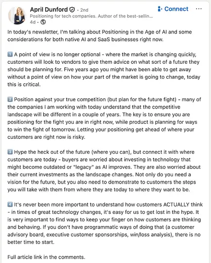 A founder-led marketing post from Ambient Strategy founder April Dunford.