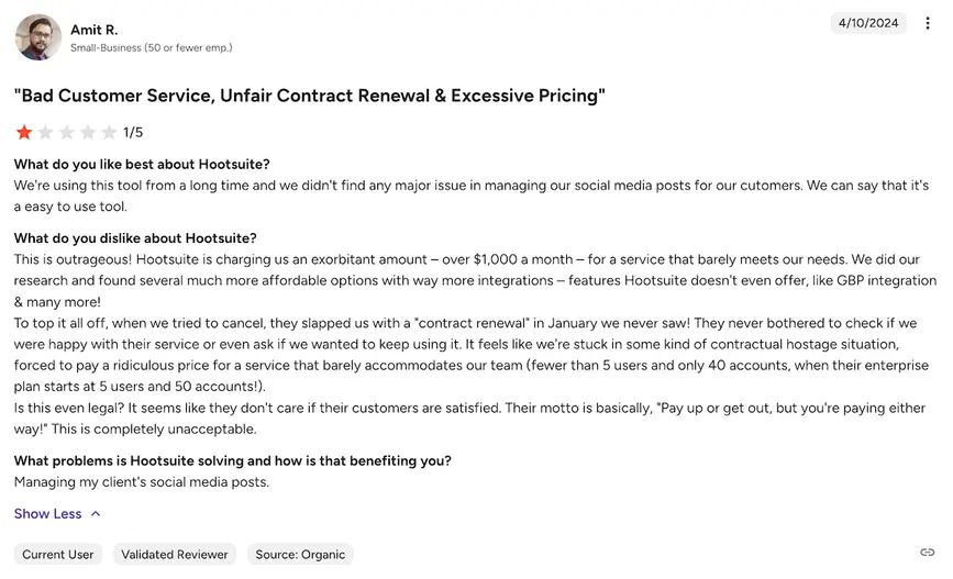 A screenshot of a 1-star Hootsuite review on G2.