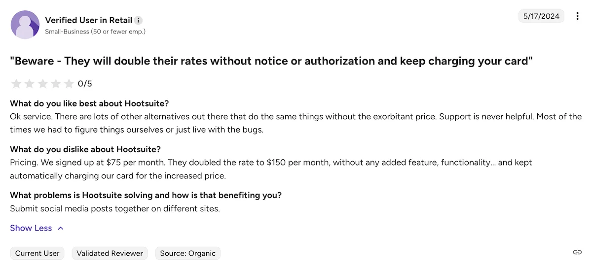 A screenshot of a negative Hootsuite review on G2.