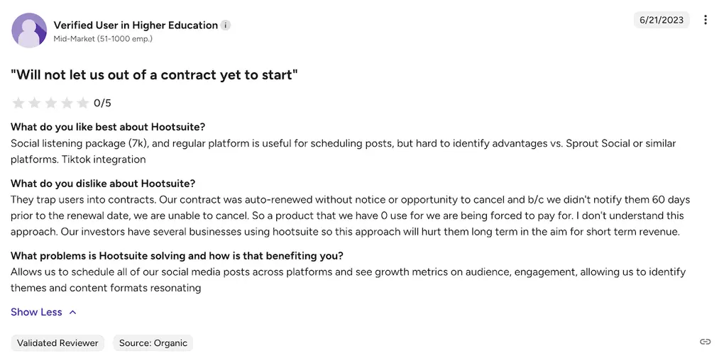 A screenshot of a negative Hootsuite review on G2.