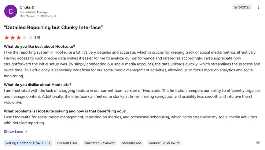 A screenshot of a negative Hootsuite review on G2.