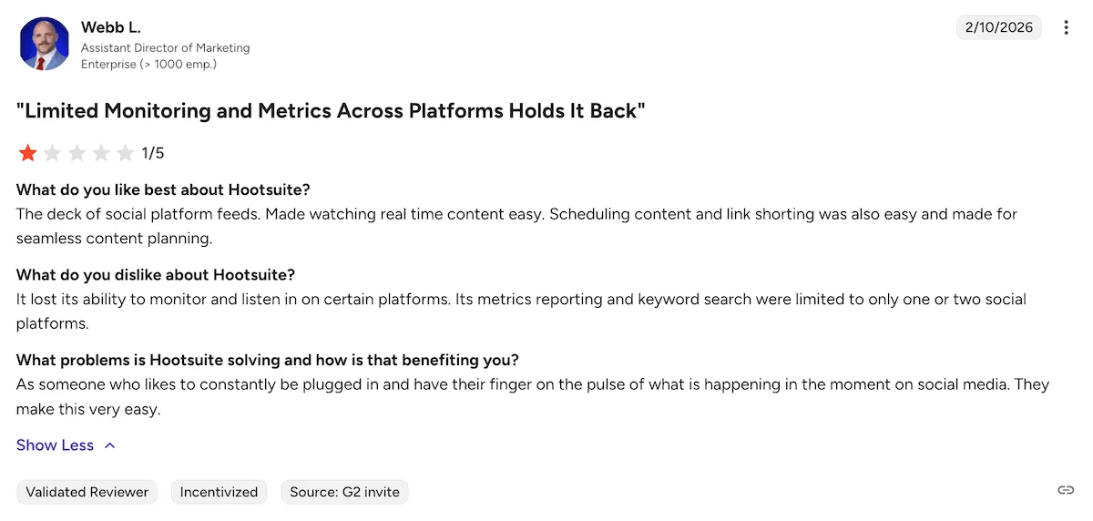 A screenshot of a negative Hootsuite review on G2.
