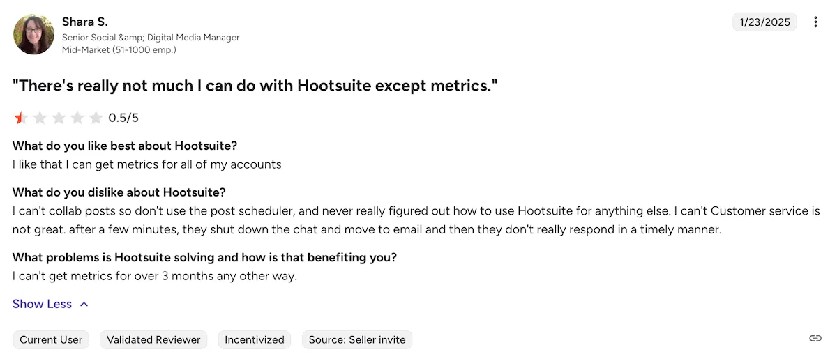 A screenshot of a negative Hootsuite review on G2.