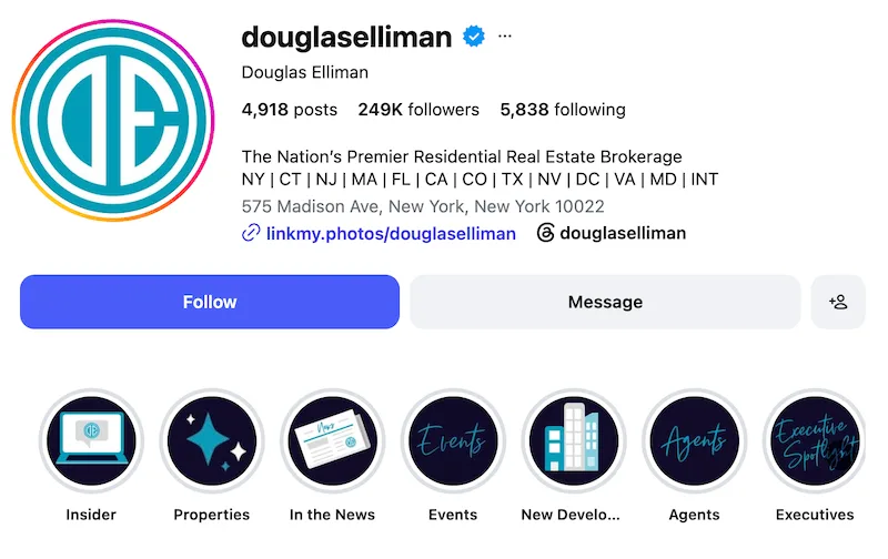 A screenshot of an Instagram bio idea from Douglas Elliman.