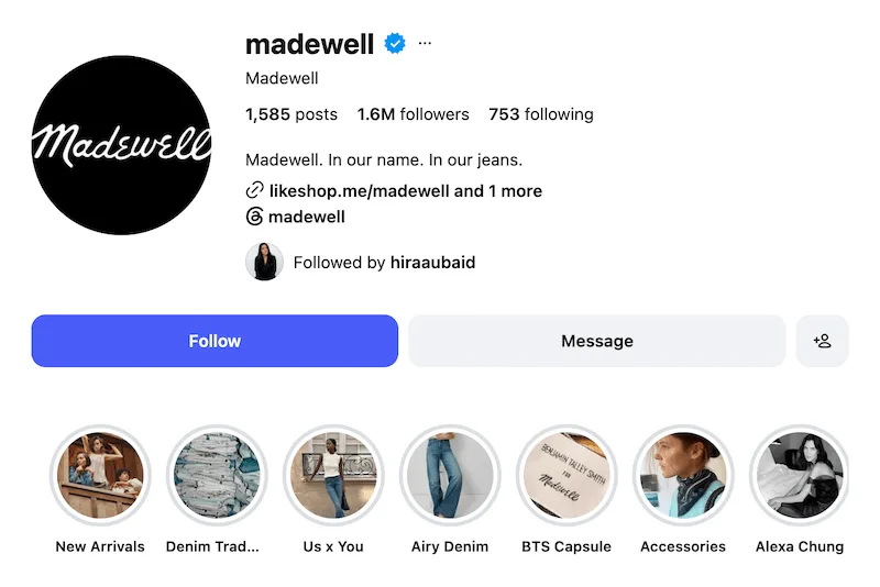 A screenshot of an Instagram bio idea from Madewell.