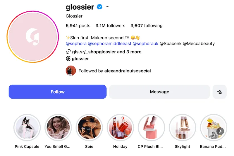 A screenshot of an Instagram bio idea from Glossier.