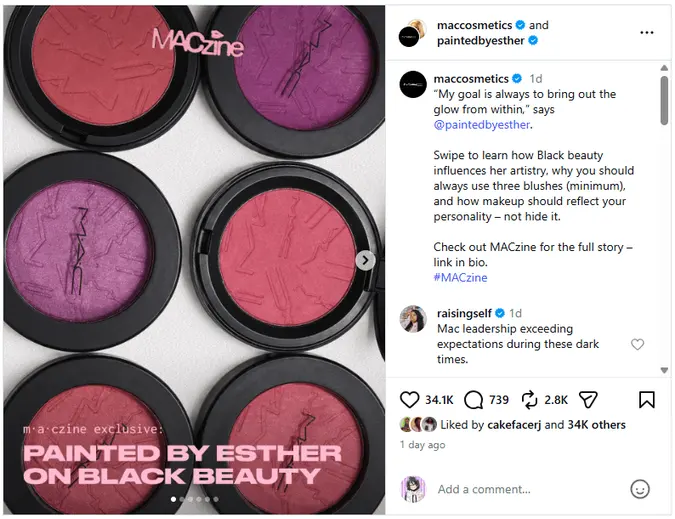 Instagram collab post by maccosmetics and paintedbyesther showing co-author handles and a MACzine carousel.