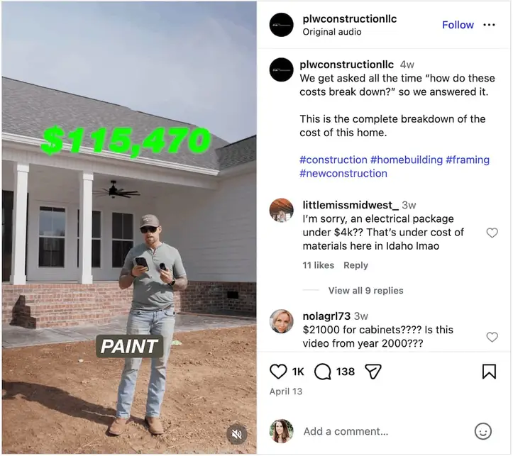 A screenshot of an Instagram Reel sharing a product cost breakdown.