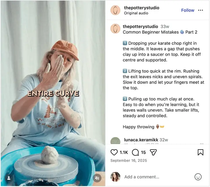 A screenshot of an Instagram Reel from a pottery studio sharing 3 common mistakes beginners make.