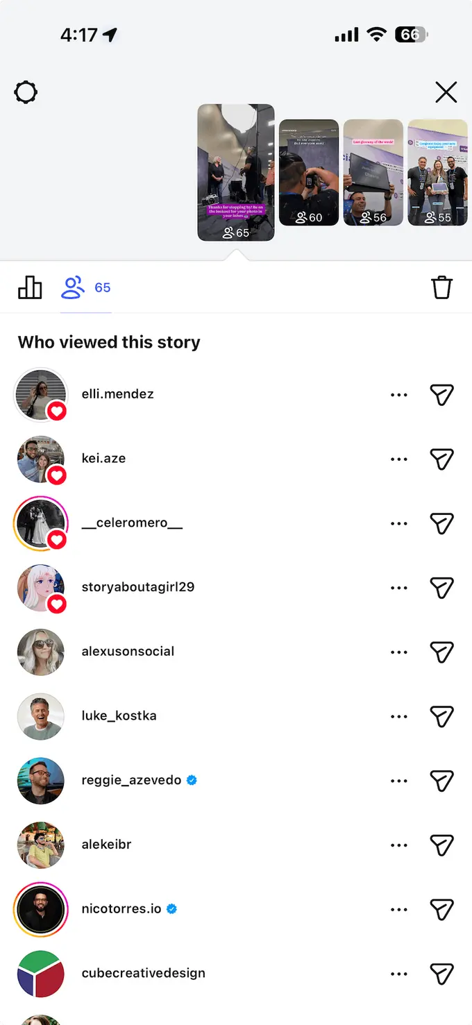 A screenshot of the Instagram story viewer list from inside the Instagram app.