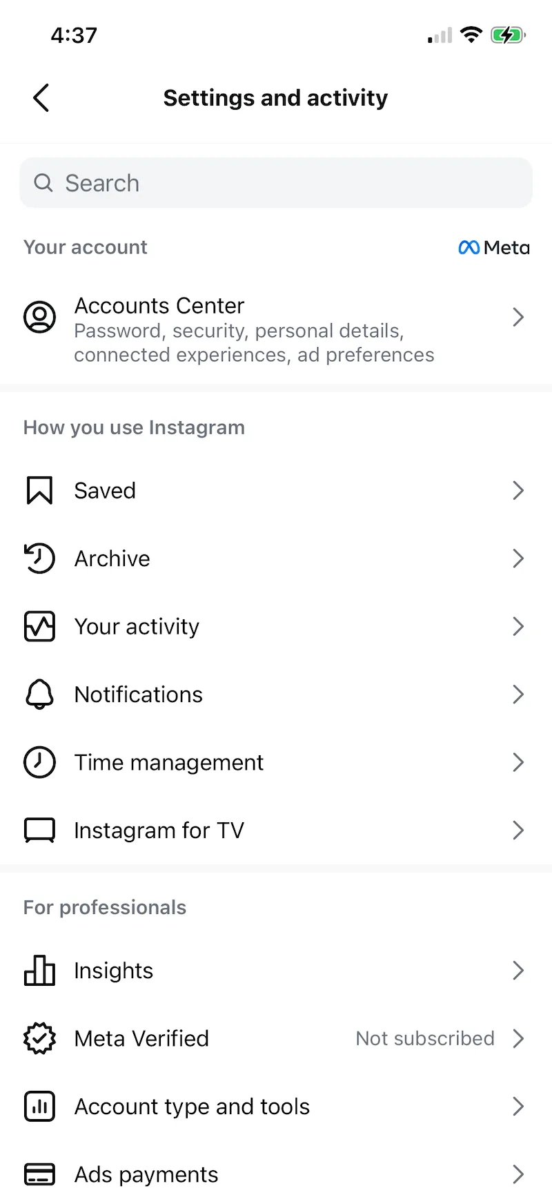 A screenshot of the Instagram profile settings menu.