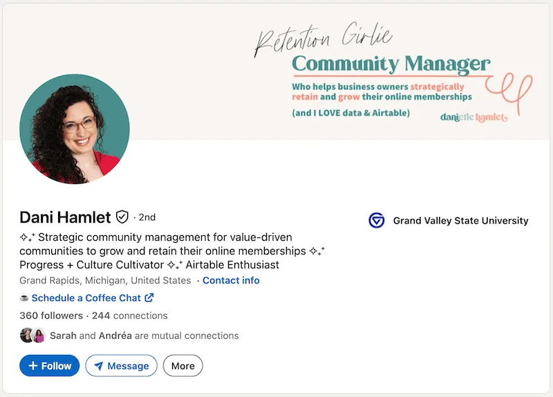 A screenshot of a LinkedIn headline example from Dani Hamlet.