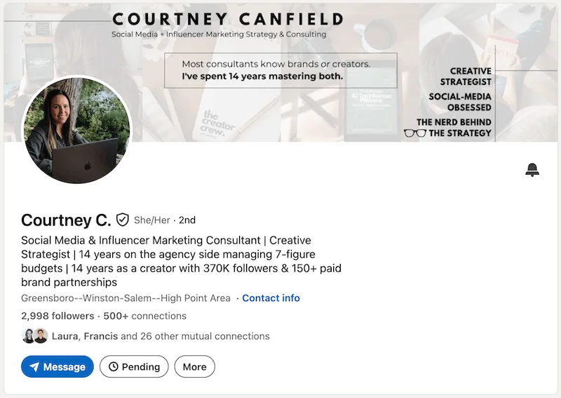 A screenshot of a LinkedIn headline example from Courtney Canfield.