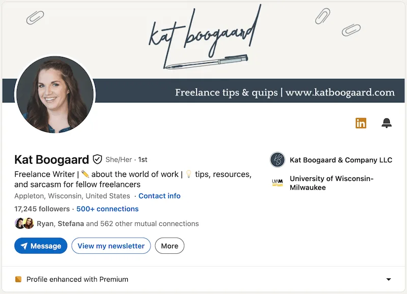 A screenshot of a LinkedIn headline example from Kat Boogaard.