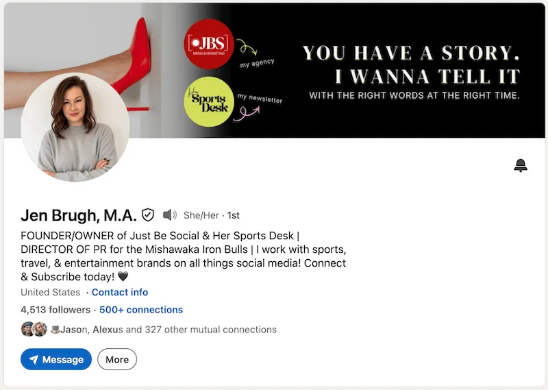 A screenshot of a LinkedIn headline example from Jen Brugh.