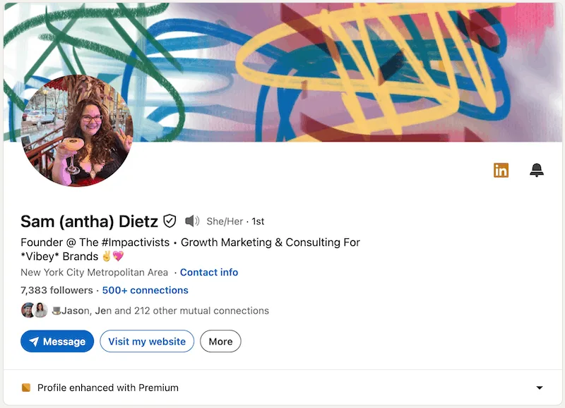 A screenshot of a LinkedIn headline example from Sam Dietz.