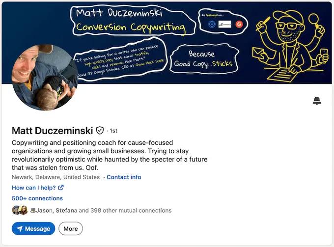 A screenshot of a LinkedIn headline example from Matt Duczeminski.