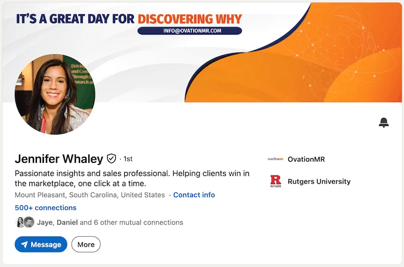 A screenshot of a LinkedIn headline example from Jennifer Whaley.
