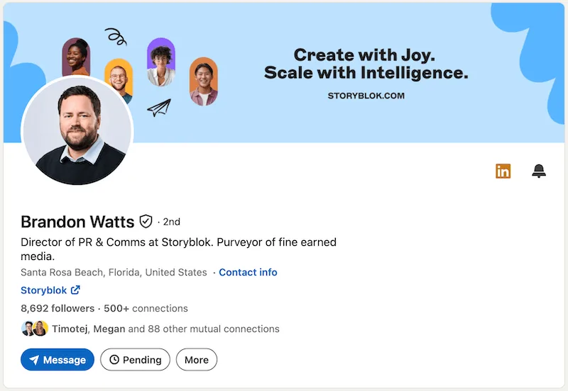 A screenshot of a LinkedIn headline example from Brandon Watts.