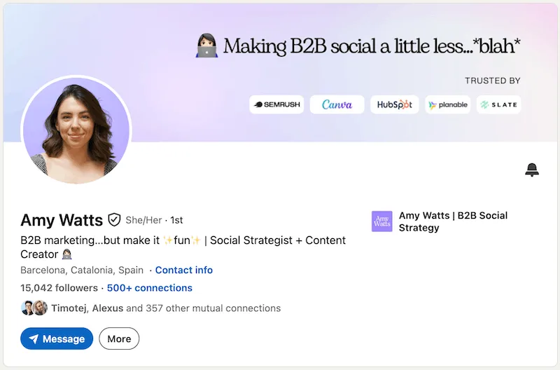 A screenshot of a LinkedIn headline example from Amy Watts.