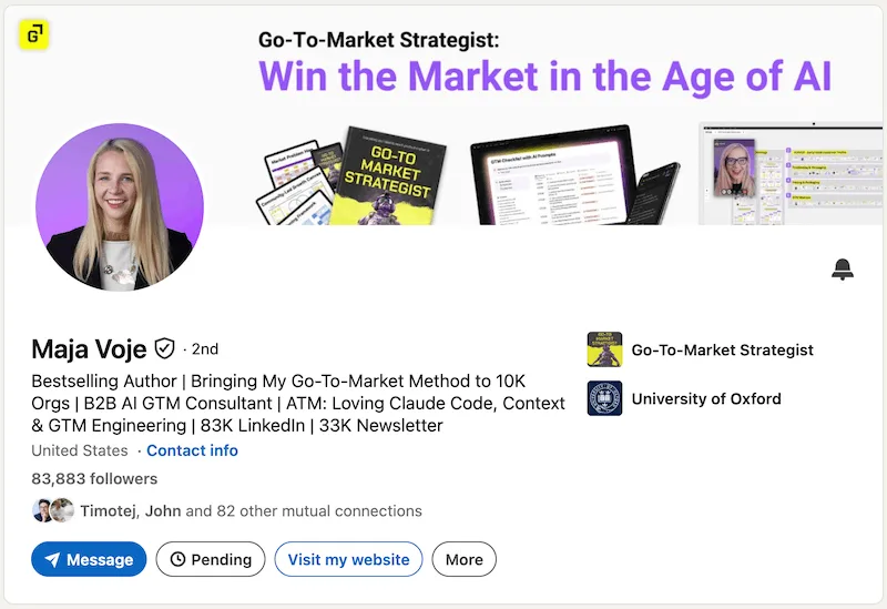 A screenshot of a LinkedIn headline example from Maja Voje.