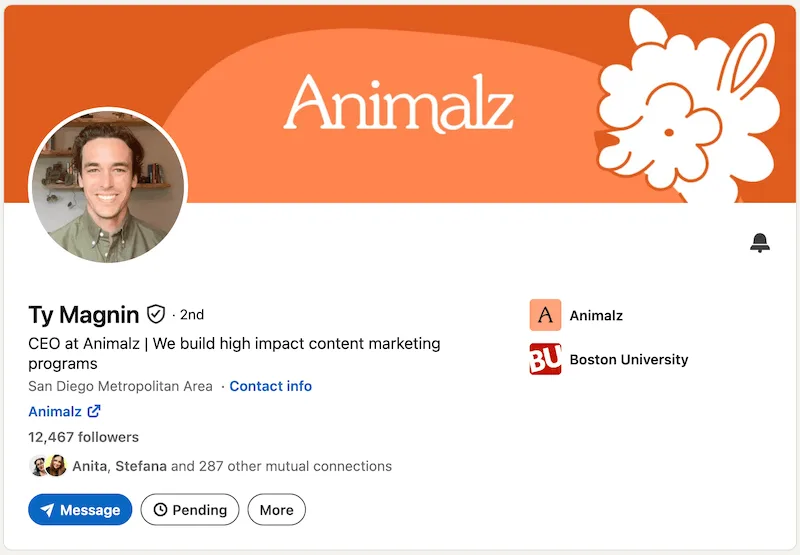 A screenshot of a LinkedIn headline example from Ty Magnin.