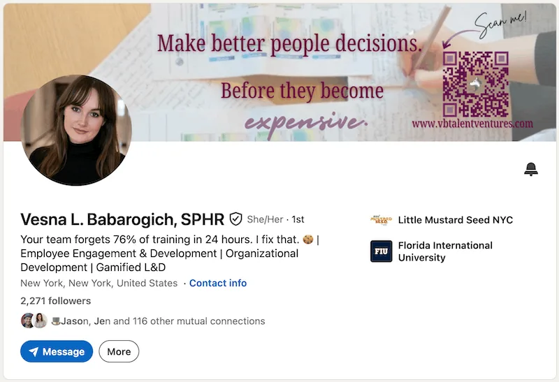 A screenshot of a LinkedIn headline example from Vesna L. Babarogich.
