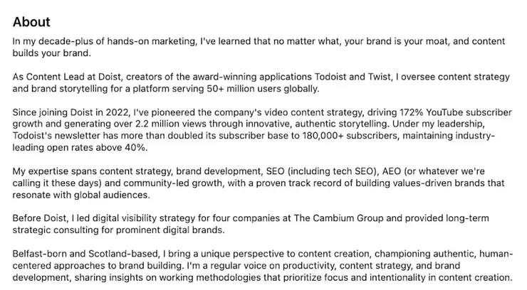LinkedIn About section of Naomi Liddell showing 172% YouTube growth and 180K newsletter subscribers.