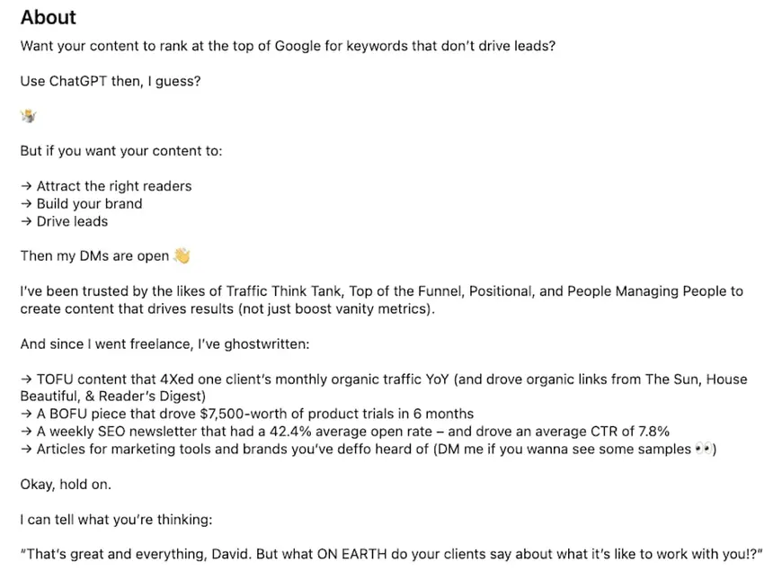 LinkedIn About section of David Broderick opening with a pointed joke about ranking for low-intent keywords.