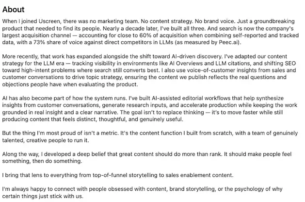 LinkedIn About section of Peri Elmokadem describing zero-to-one content build at Uscreen over a decade