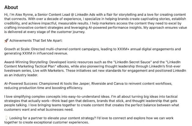 LinkedIn About section of Alexandra Rynne listing LinkedIn Secret Sauce ebook and first-ever livestream series.