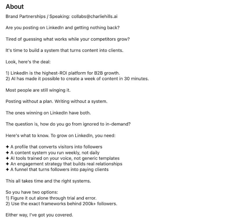 LinkedIn About section from Charlie Hills on building a LinkedIn content system that converts followers into B2B clients.