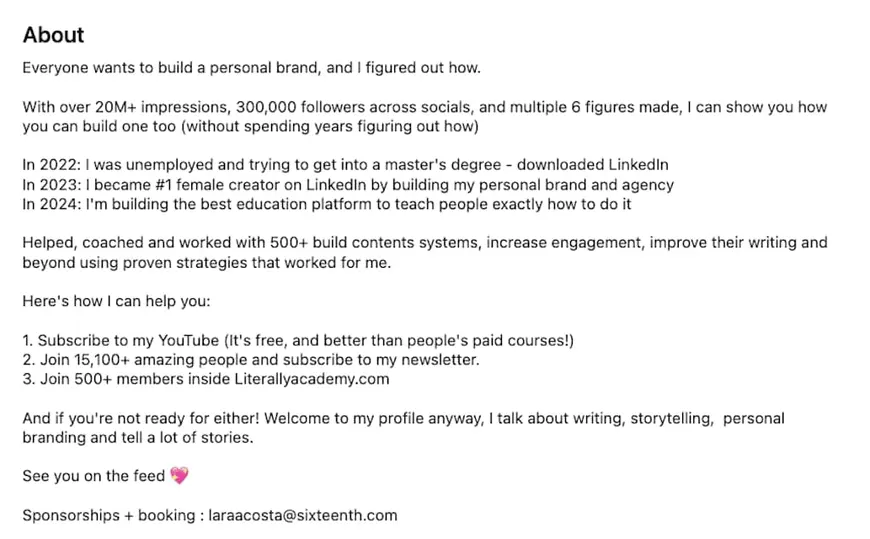LinkedIn About section from Lara Acosta showing her 2022–2024 personal brand journey from unemployed to 300K followers.