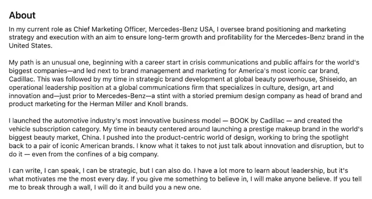 LinkedIn About section of Melody Lee detailing her career path from crisis comms to Mercedes-Benz CMO.