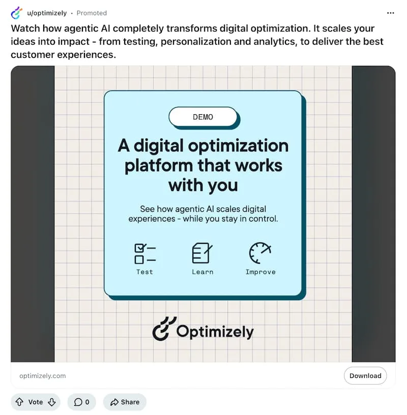 A screenshot of a Reddit ad from Optimizely.