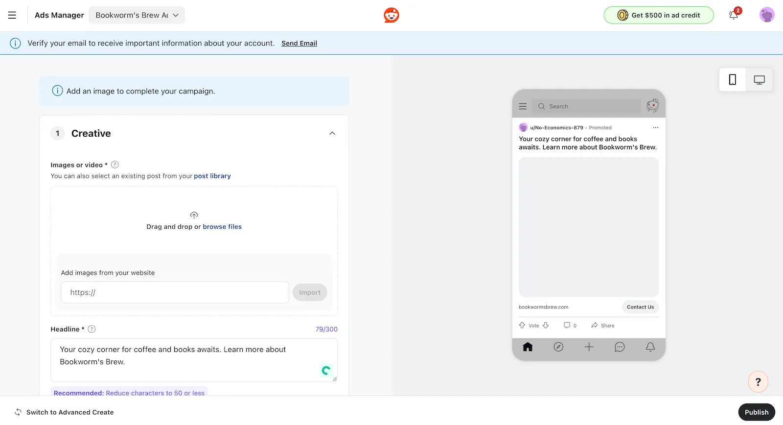 A screenshot showing where to upload your Reddit ad creative.