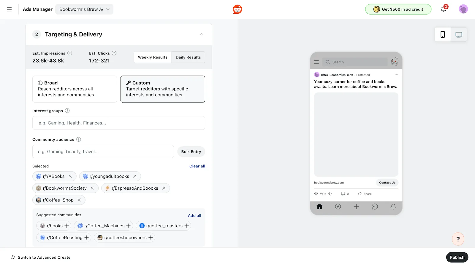 A screenshot showing where to input your Reddit ad targeting and budget details.