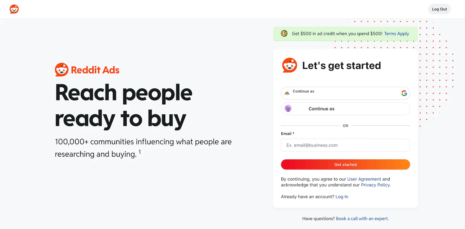A screenshot of the Reddit advertising home page.