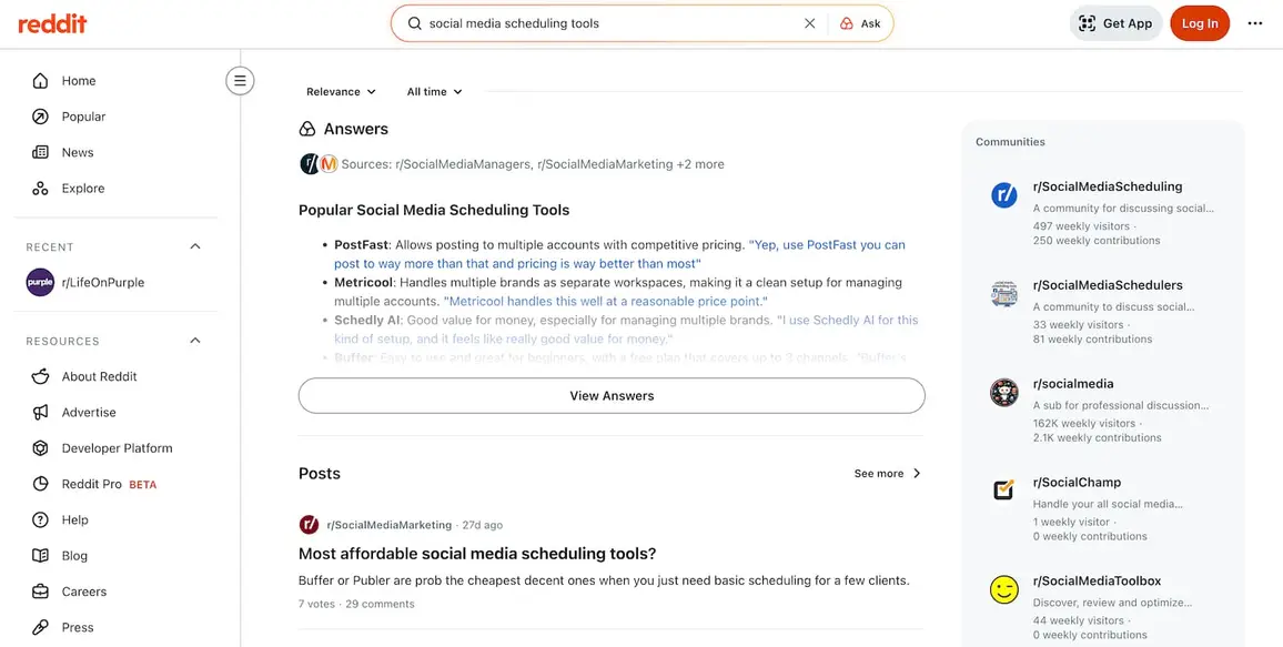 A screenshot of Reddit search results for query "social media scheduling tools."