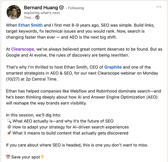 A LinkedIn post from Clearscope founder Bernard Huang.