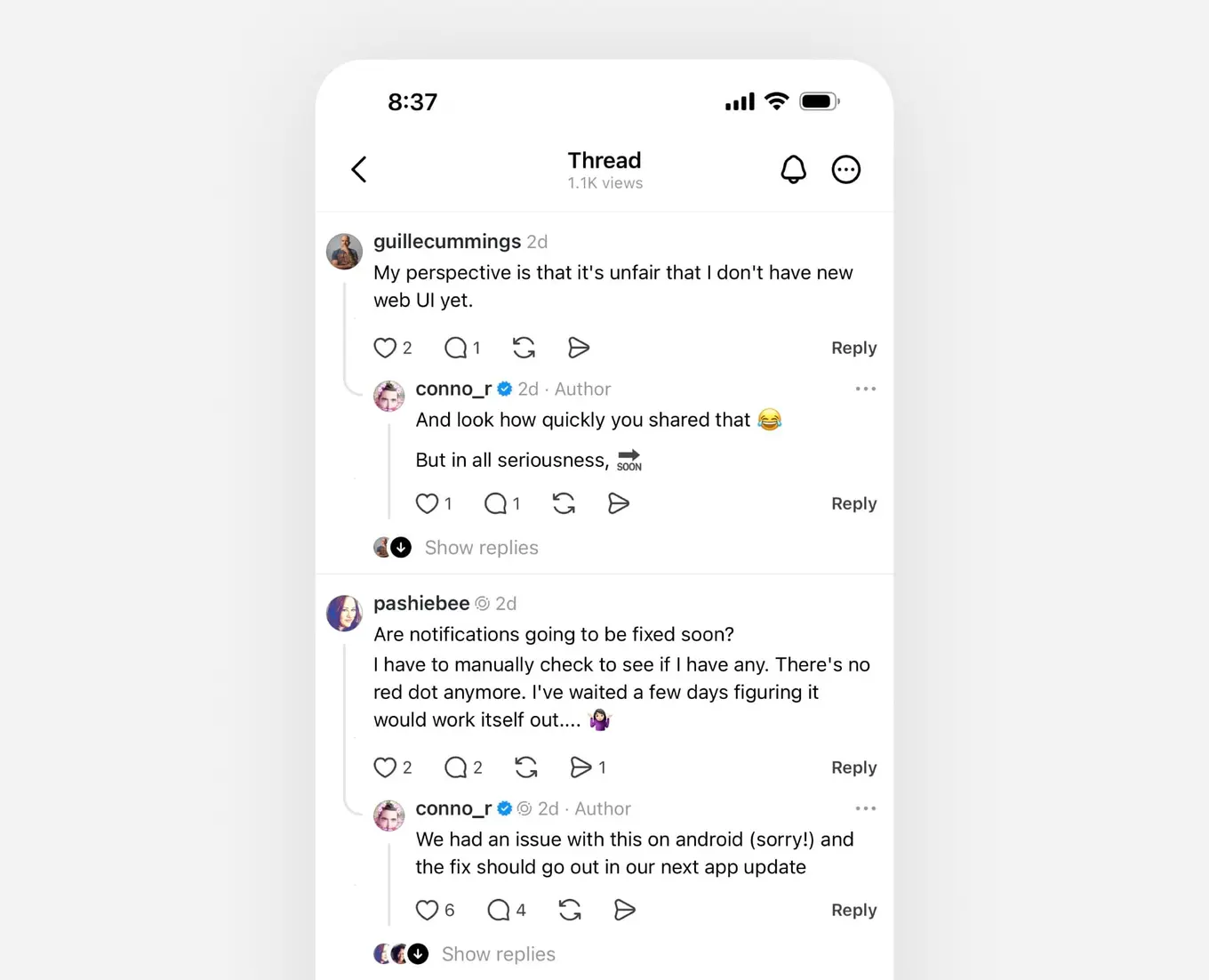 A screenshot of Threads' new indented replies UI.