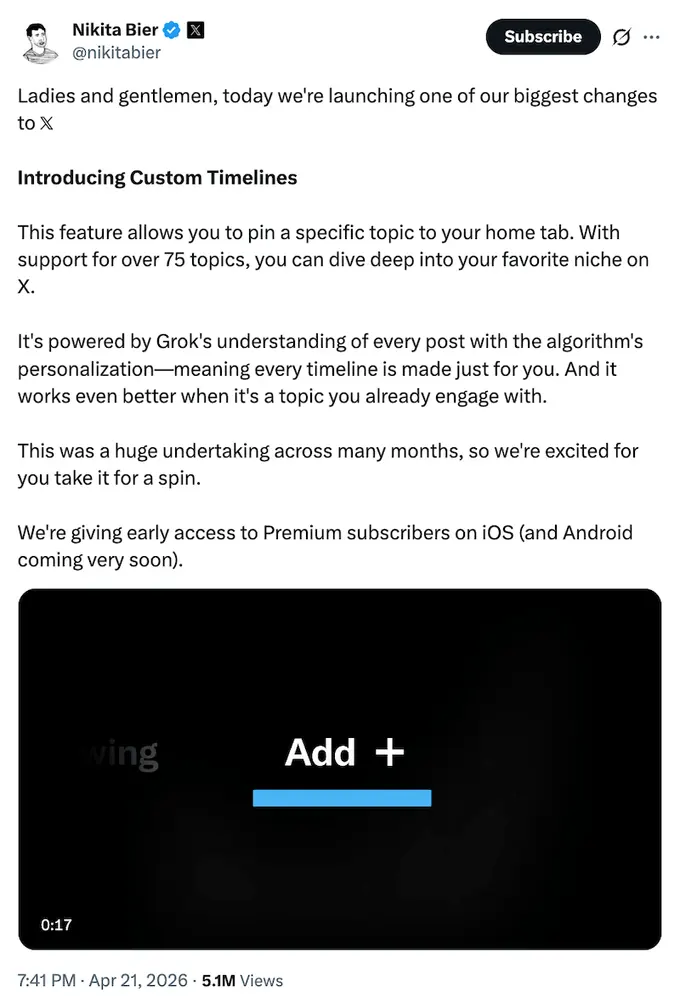 A tweet announcing the new X/Twitter Custom Timelines feature.